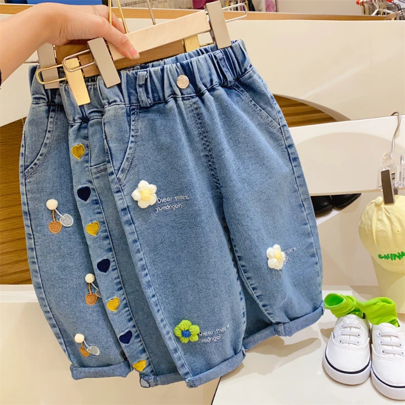 

2023 New Toddler Kids Girls Pants Elastic Waist Printed Jeans Korean Spring and Autumn Girls Jeans Casual Fashion Clothing
