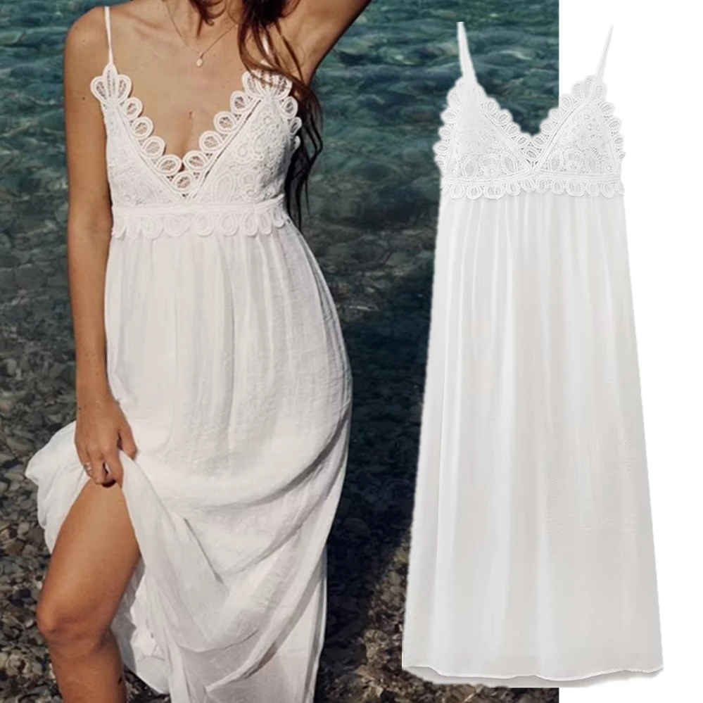 

Maxdutti Holiday Style Lace Stitching Dress Women Pure Cotton Sling Dress Fashion Ladies Casual Midi White