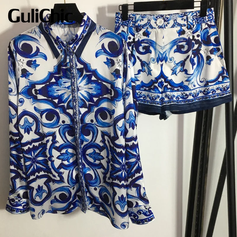 

Женский элегантный костюм GuliChic 8,22 года, голубая рубашка с отложным воротником и шорты с высокой талией и фарфоровым принтом, комплект из двух предметов