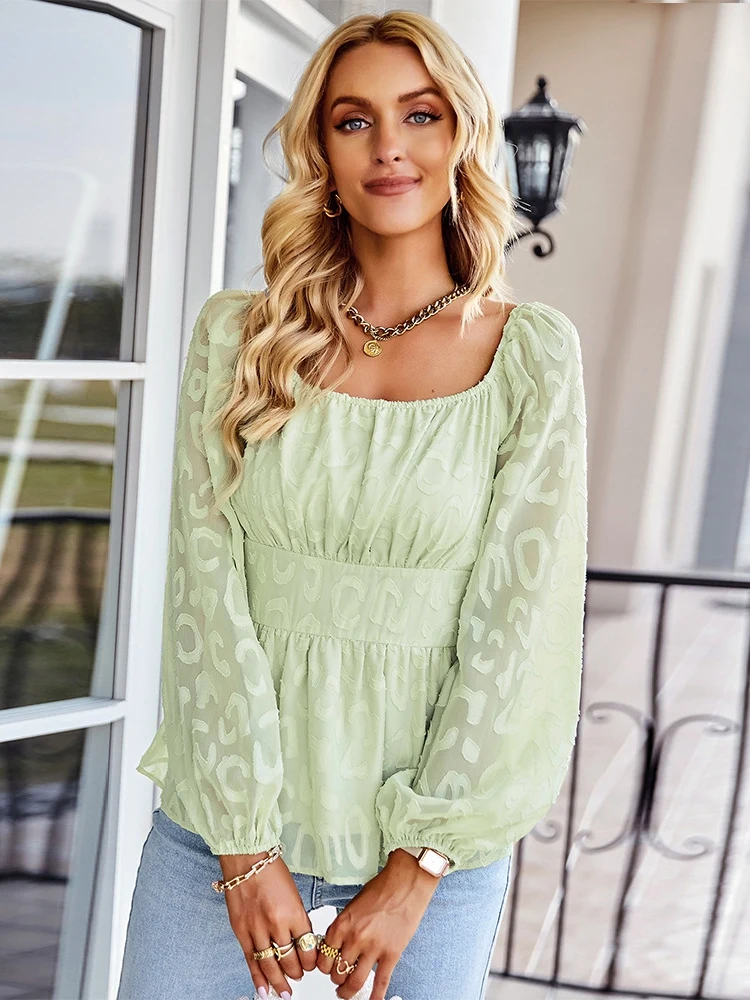 

2022 New Women Spring Autumn Square Collar Long Sleeve Solid Color High Waist Slim Casual Blouse Tops For Fashion