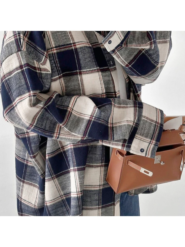 Женская весенне-зимняя клетчатая рубашка-оверсайз с длинным рукавом