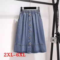 summer women clothing skirt mid length a line skirt plus size vintage elegant high waist button loose denim umbrella skirt