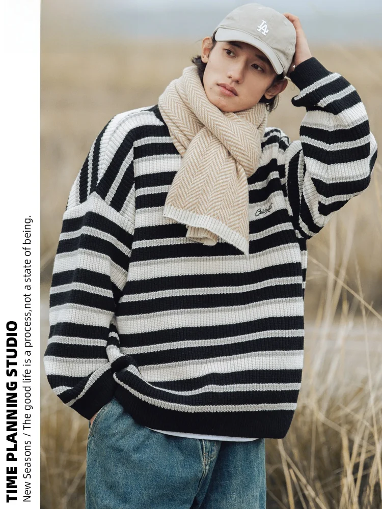 План времени винтажный контрастный цвет толстый полосатый свитер мужской
