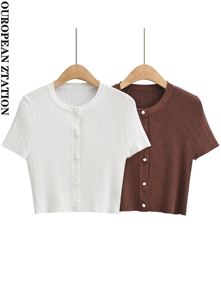 

PAILETE Women 2022 fashion with buttons crop knit cardigan sweater vintage o-neck short sleeve female outerwear chic tops