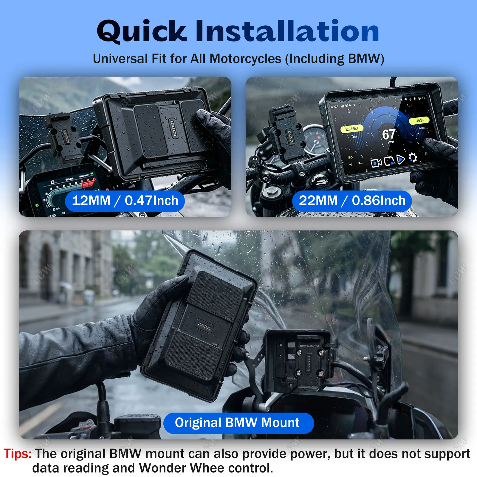 Фото GPS-навигатор LBW 7 дюймов с быстрым креплением для мотоциклов, поддержка CarPlay и Android, включает TPMS и двойные камеры, подходит для всех моделей мотоциклов. №4