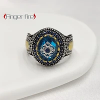 vintage silver metal pattern engraved blue gemstones womens ring wedding anniversary gift beach party jewelry