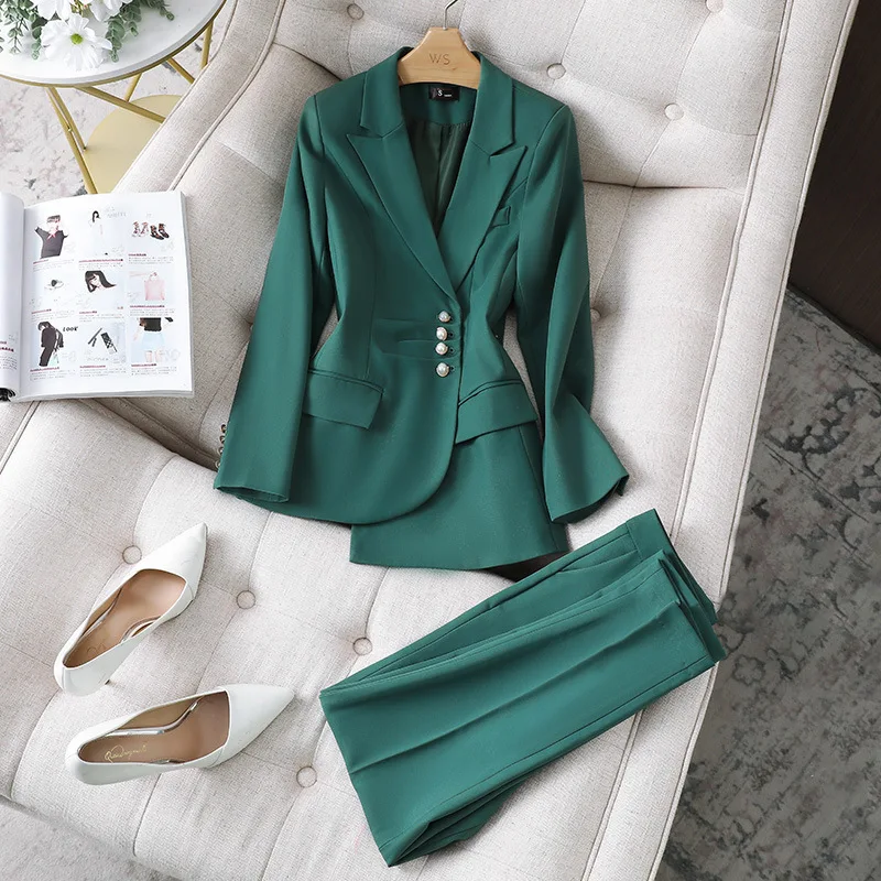 S-4XL High-end Women Professional Suit Two-piece Spring Autumn Single Breasted Slim Fit Ladies Jacket High Waist Casual Trousers