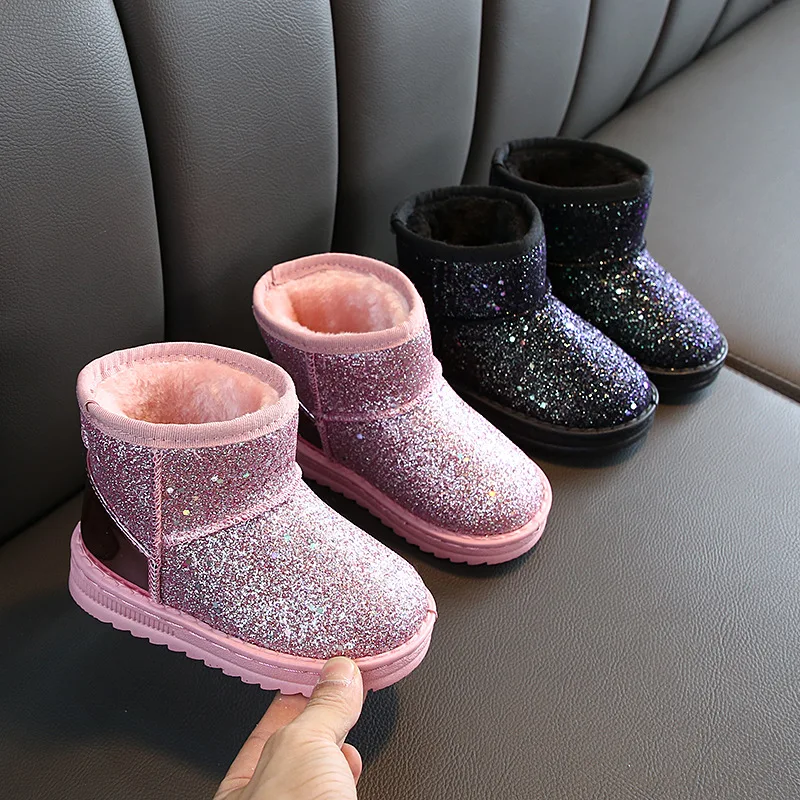 Winter 2022 New Children's Girls Sequined Cotton Boots Thick Velvet Boots Boys Thermal Ankle Boots