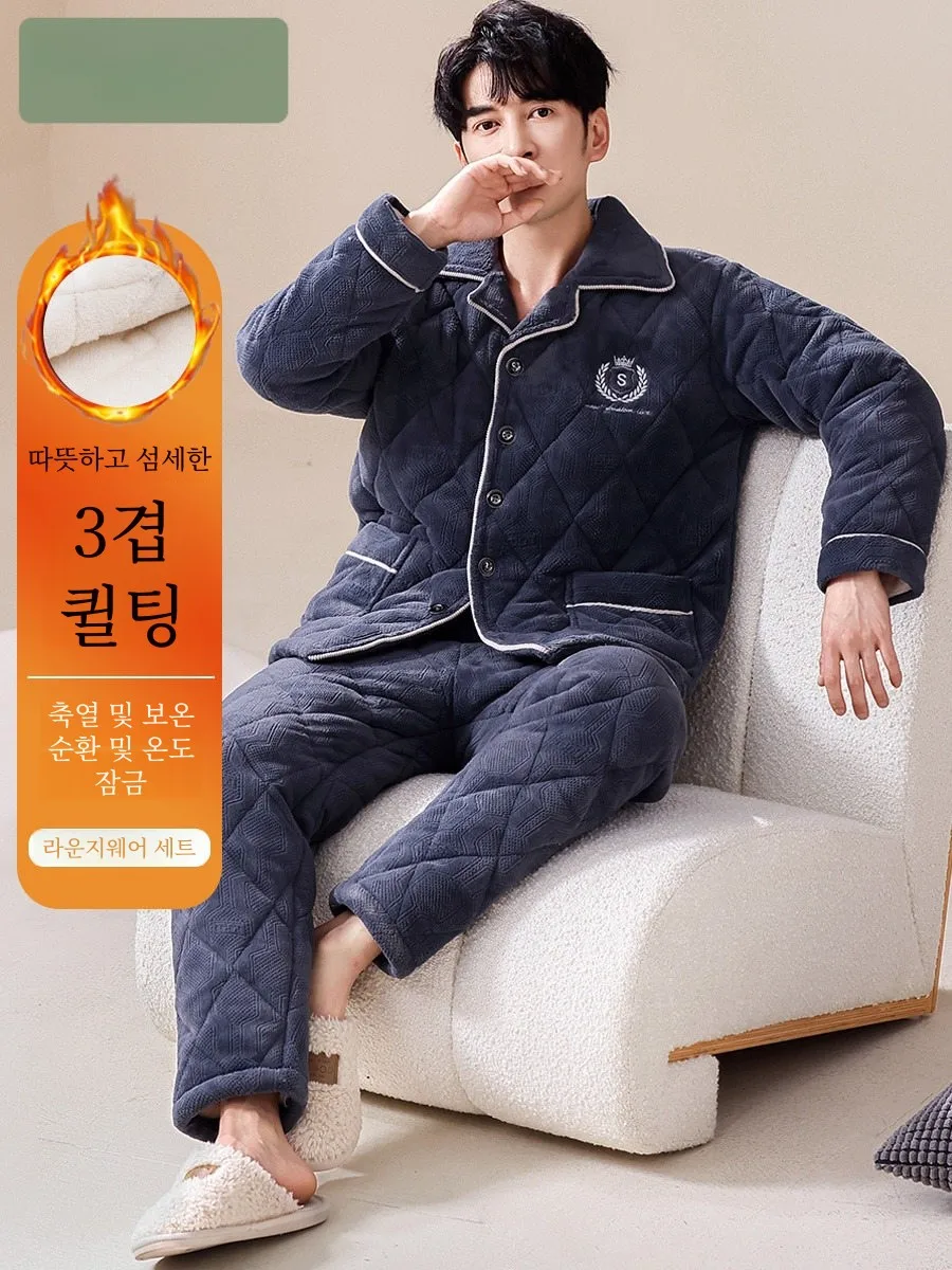 Мужские пижамы зимние коралловые флисовые утолщенные трехслойные стеганые