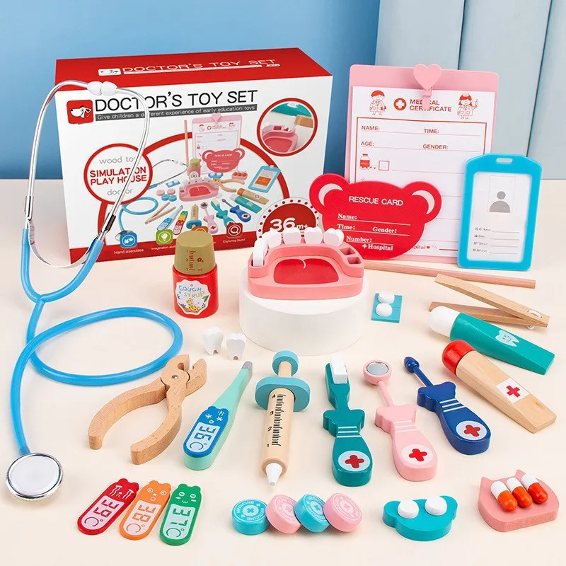 

Children Wooden Doctor Dentist Kit Medical Set Toddler Doctor Playset for 3Y Kids Pretend Play Montessori Educational Toys Gifts