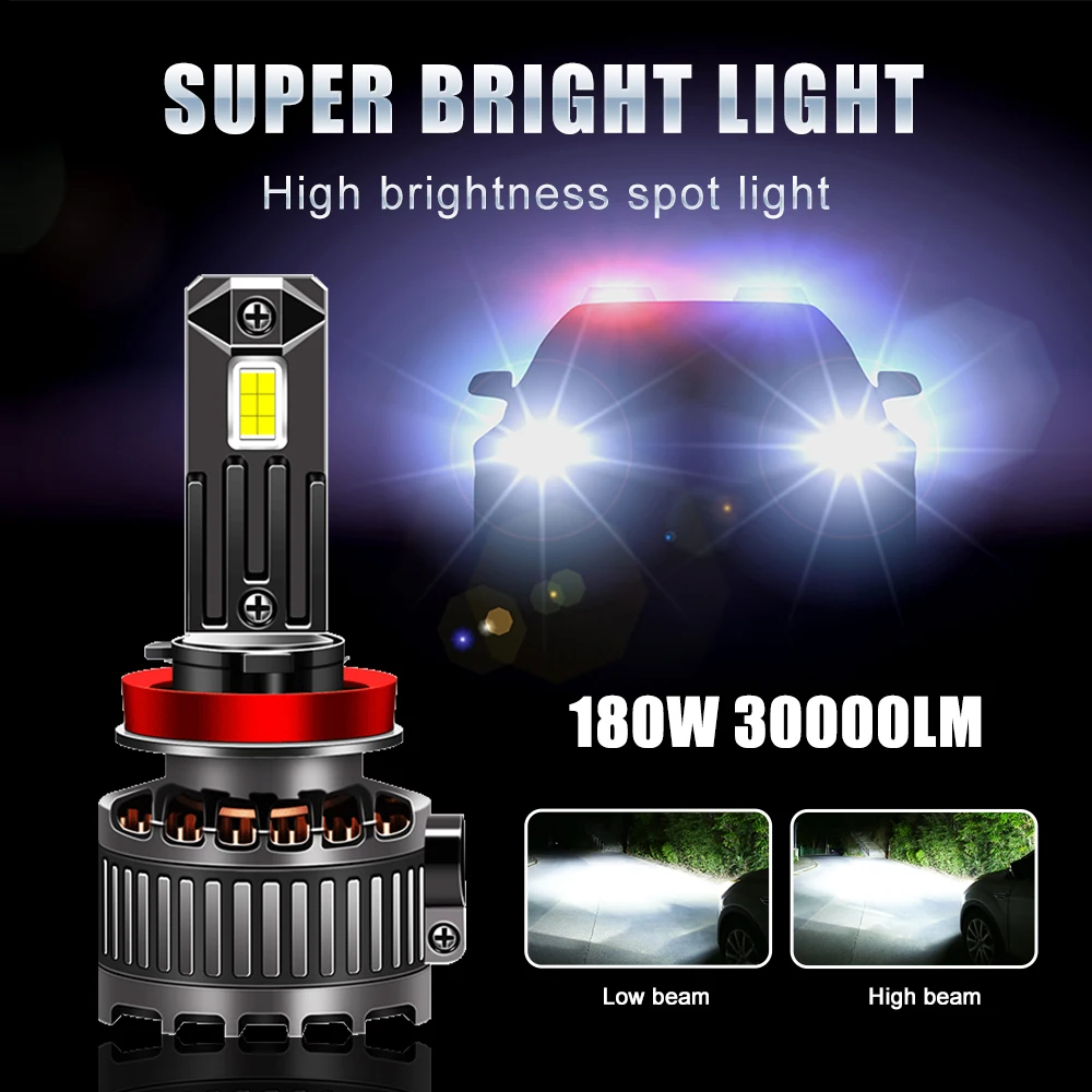 

2Pcs 30000LM 180W Car Headlight H7 LED Canbus LED Bulb H4 H1 H8 9005 H9 9006 H11 9012 12V 6000K White 6075CSP IP68 Waterproof