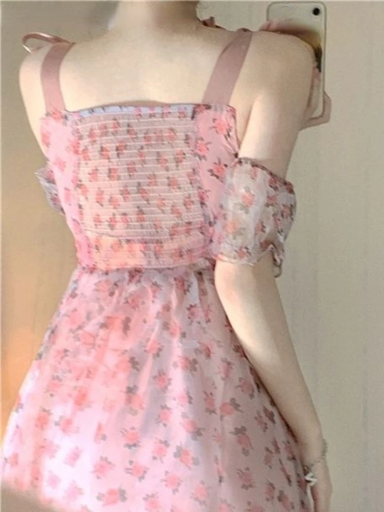 

Sweet Floral Strap Dress Woman Casual 2022 Summer French Vintage One Piece Dress Korea Fashion Party Elegant Y2k Mini Dress Chic