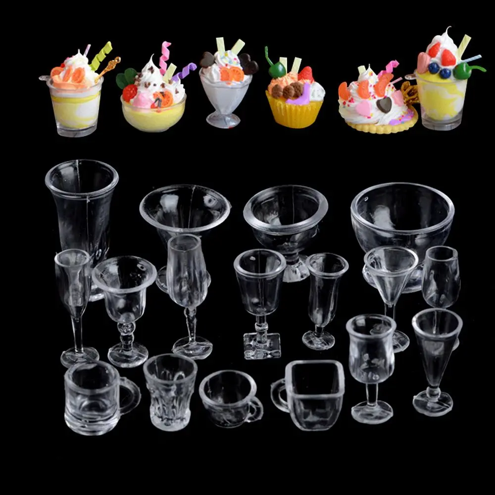 

17 PCS/Set Mini Cup Simulation Cookware Miniatures Goblet Doll Kitchen Ice Cream Bowl Plastic Transparent Dollhouse Accessories