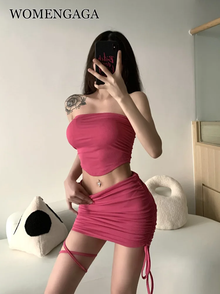 

WOMENGAGA Skirts Set New Summer Spice Girls Tops Women Europe Thin 2022 Two-piece Bandage Hip Mini Skirt Hot Korean Sext XZ3Z