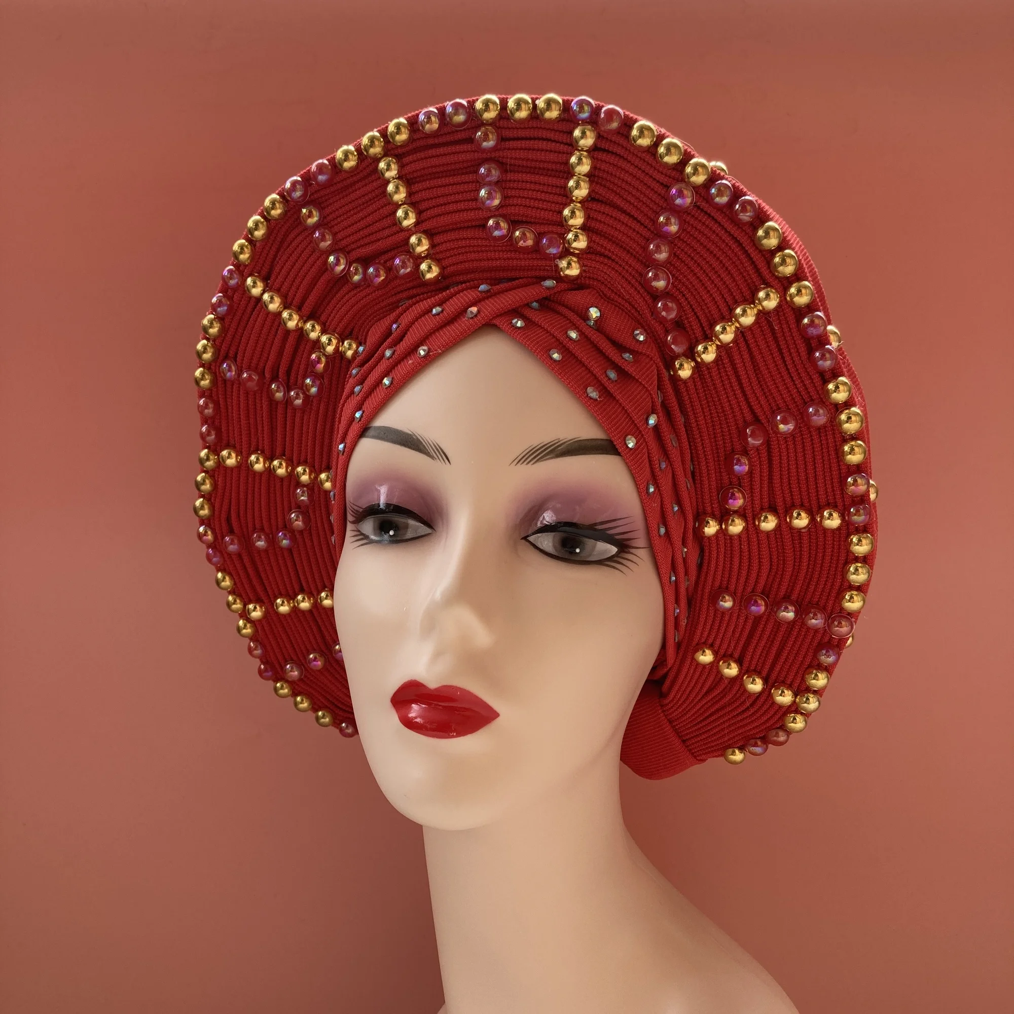 

Red Fashion Aso Oke Gele Headties With Beads And Stones High Quality Atiku Fabric African Women Headtie