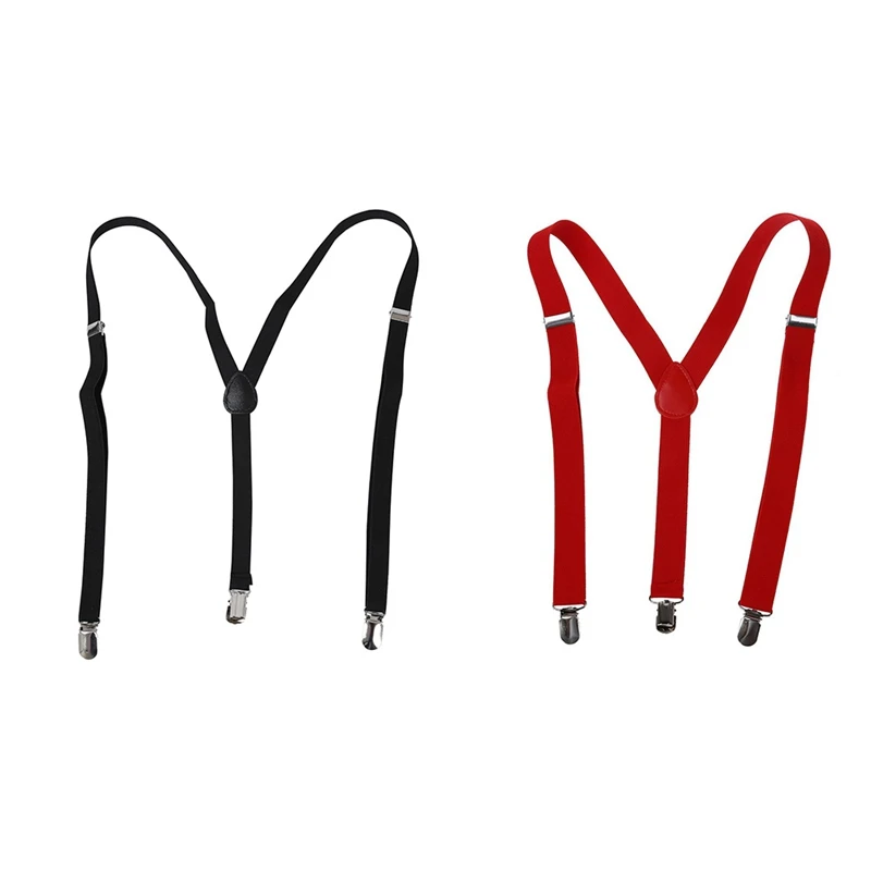 

2 Pcs Back Elastic Suspender Strap Clamp Pants Braces Adjustable Black & Red