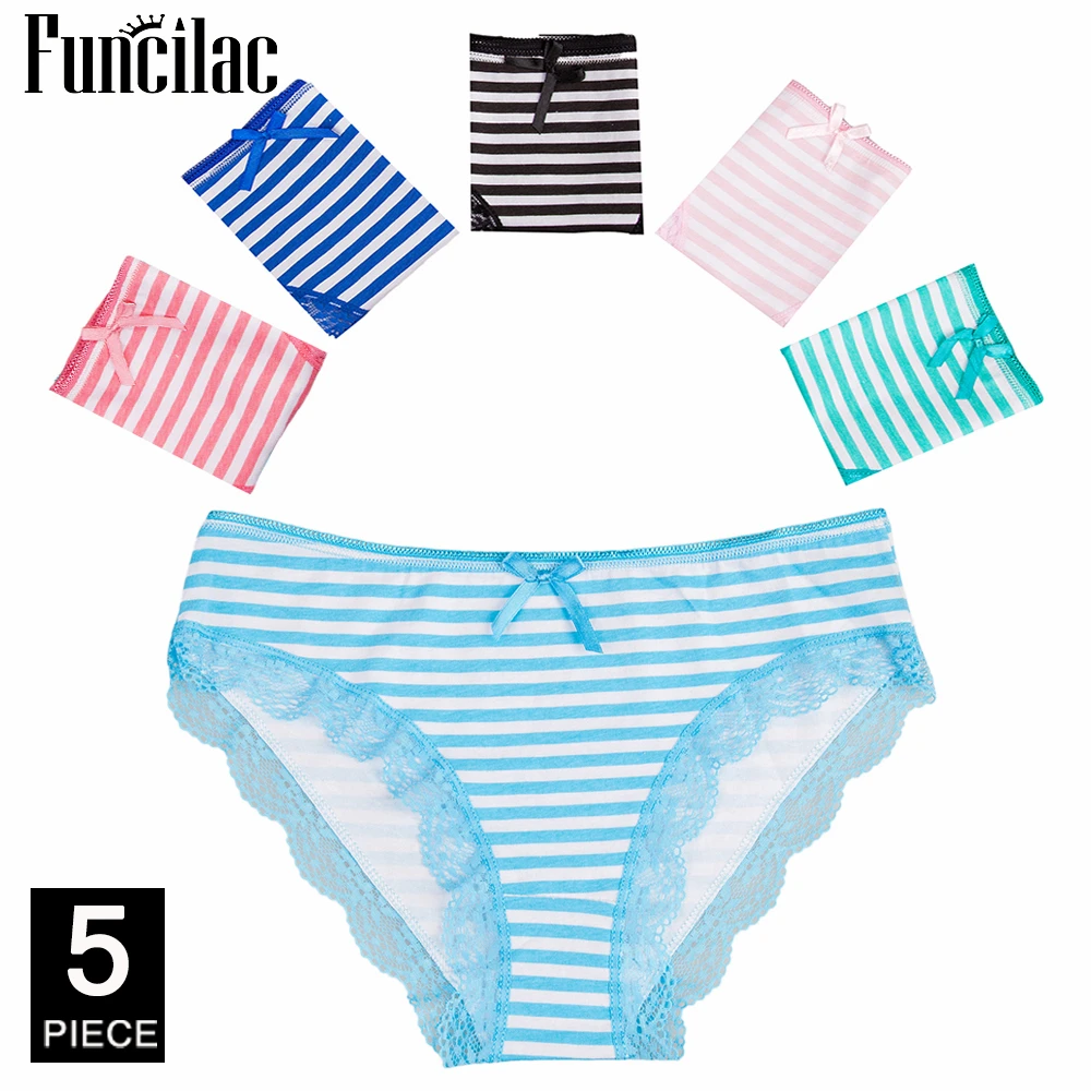 

FUNCILAC Sexy Lace Women's Briefs Plus Size Panties Soft Female Underwear Pink Striped Seamless Underpants Intimates 5 Pcs/Lot