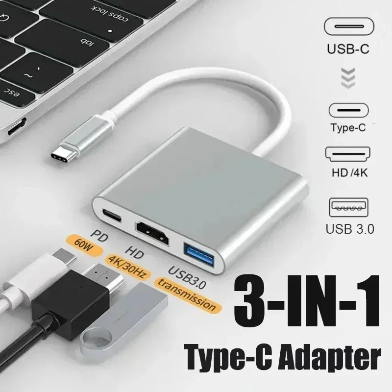 Фото 3 в 1 USB C-HDMI-совместимый адаптер USB 3.1 Концентратор типа C для зарядки Samsung S23 Ultra Huawei Xiaomi Ноутбук Macbook №1
