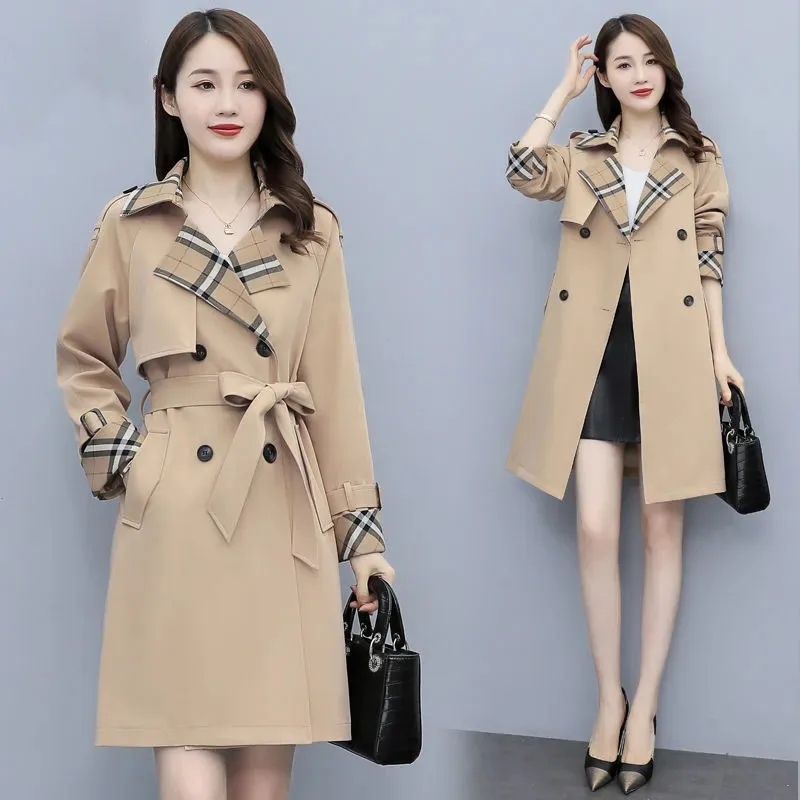 

Windbreaker Women's 2023 Spring Autumn New Britain Trench Coat Female Lining Coats Double-breasted Lacing CHECK PANEL TRENCH