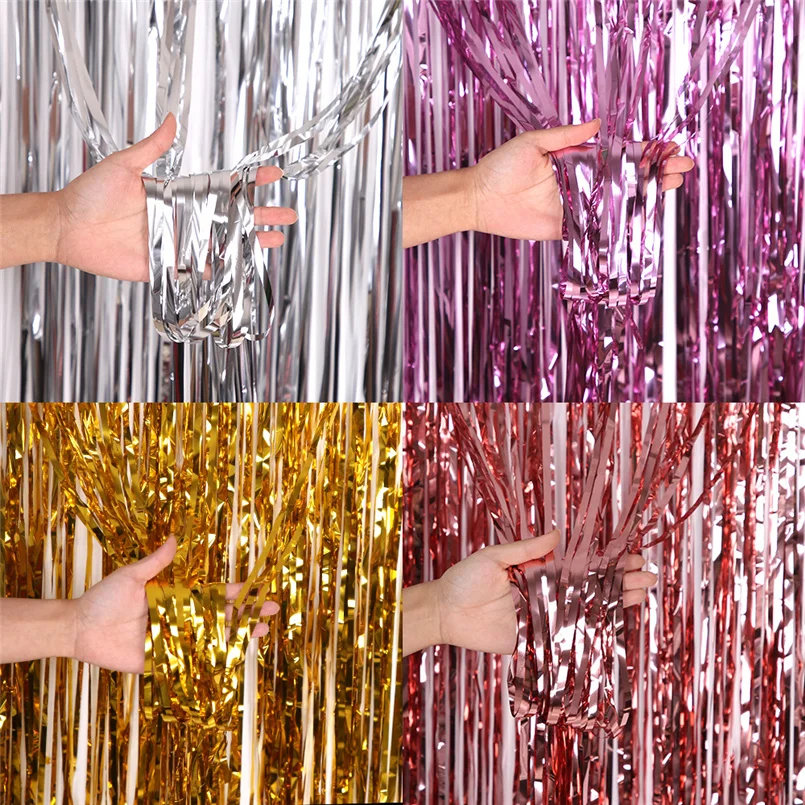 

2m Silver Metallic Foil Tinsel Fringe Curtain Birthday Wedding Bachelorette Party Decoration Valentines Day Backdrop