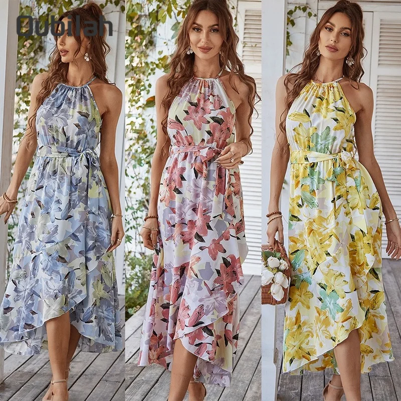 

Women Chiffon Long Dress Floral Print Fashion 2022 Spring Summer New Sling Casual Beach Vacation Mixi Elegant Dresses for Women