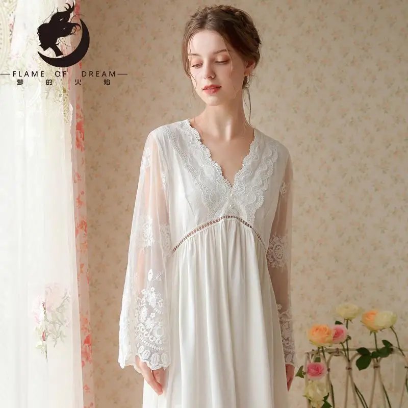 

2023 New sleepwear French High-grade Lace Spring And Autumn Long Cotton Mesh Embroidery Long Sleeve V-neck Sexy Nightgown