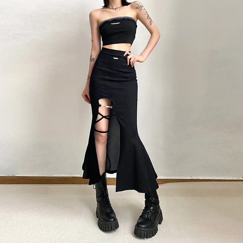 

Black Sexy Mysterious Royal Sister All-Match High Street Design Trend Mature Cool Slit Women's Flared Skirt Girl long skirts