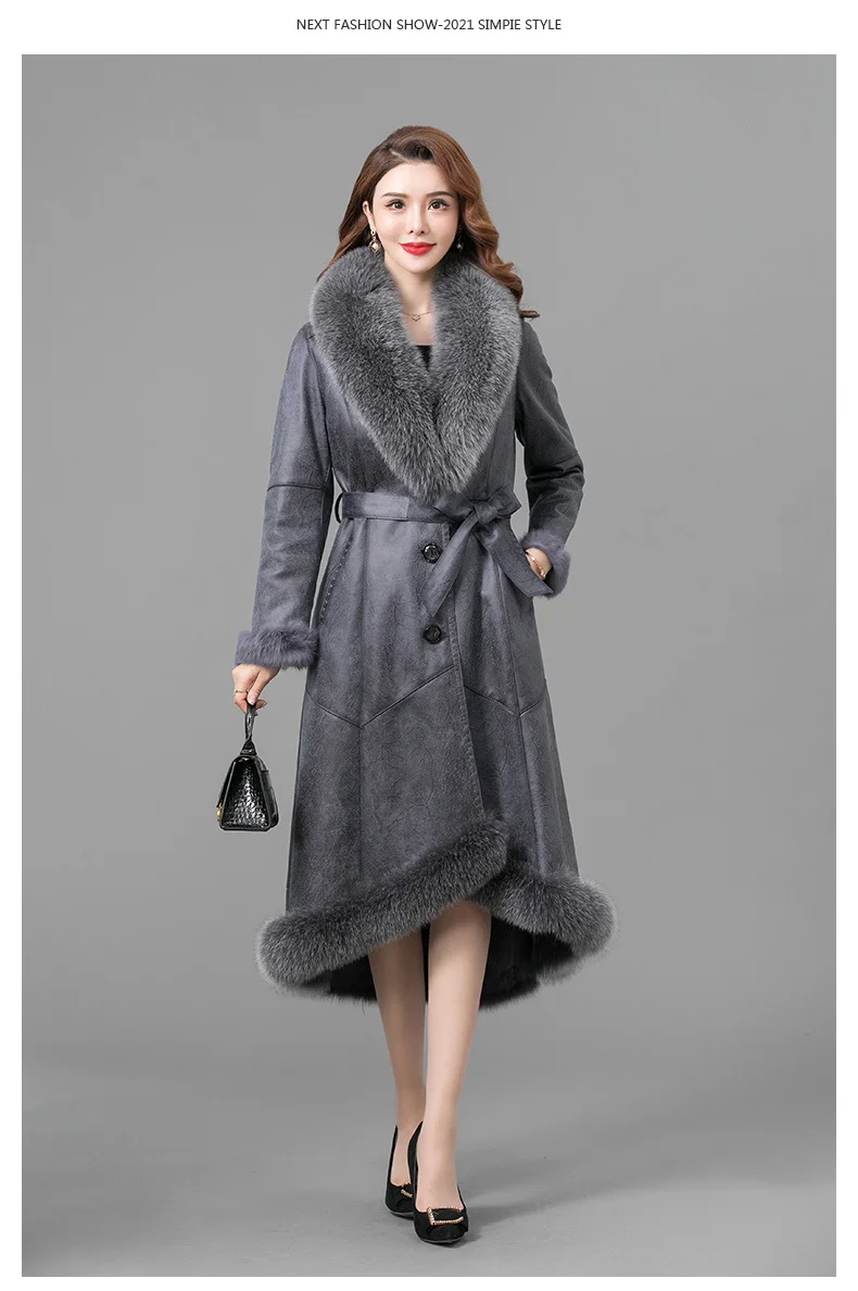 

Coat Collar High Thickened quality Rabbit Real Winter Double with Fox Face Trim Overcoats Fur Outwear Long Woman