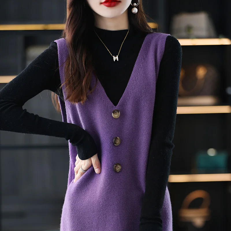 2022 New Trend 100% Pure Wool Knitted Dresses For Women Winter Hot Sale Long Vest Warm Dress Ladies Clothes