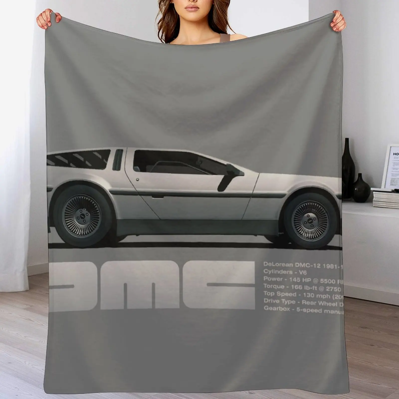 DeLorean DMC-12 мультяшный ретро-стиль вид сбоку автомобиля со образцами пледы одеяло