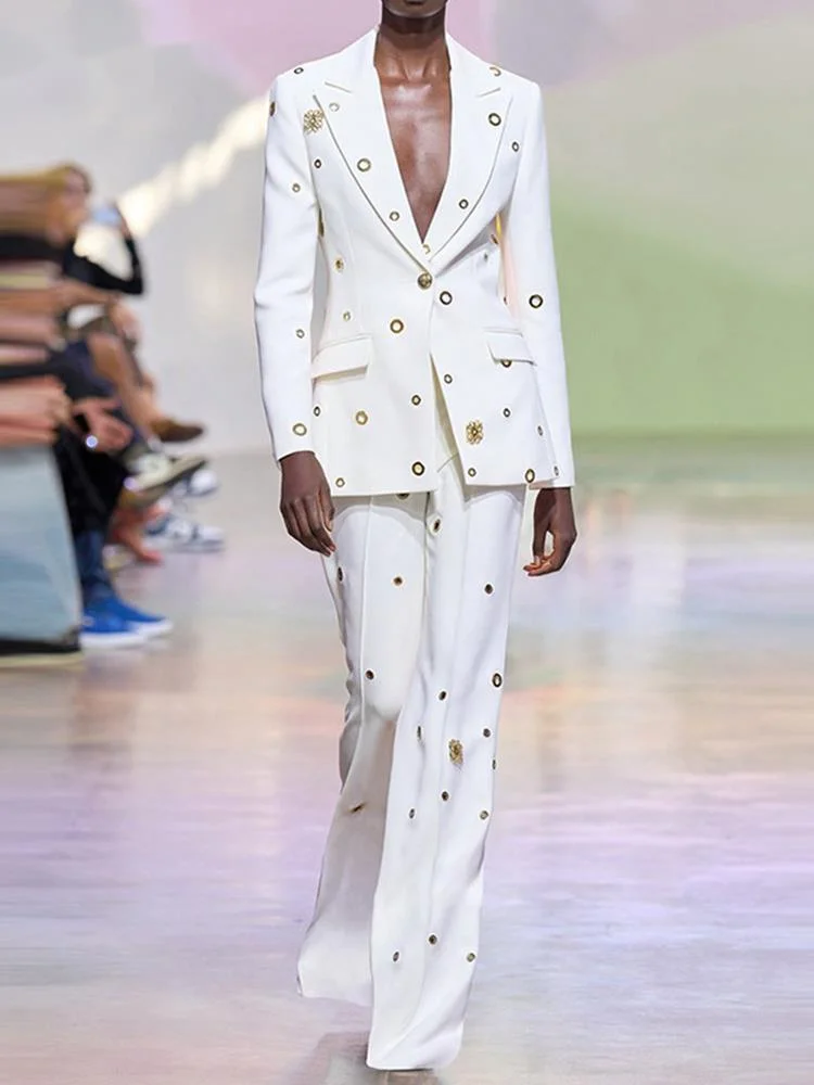 

Fashion Women's 2 Pcs Set Notched Collar Single Button Spliced Metal Hole Blazer White Pants Suit Spring 2023 New O480