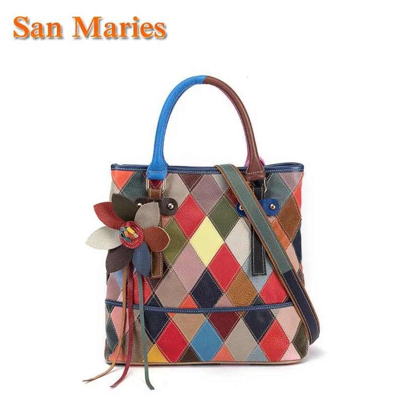 

San Maries High Quality Genuine Leather Women's Casual Patchwork Geometric Floral Handbags Multi-Color Random Bucket Tote Ladies