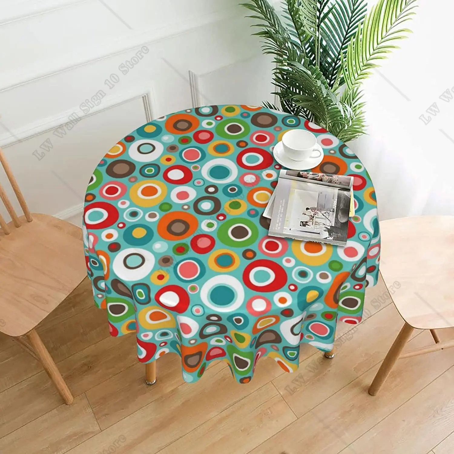 

Colorful Mid Century Modern Wobbly Circle Round Tablecloth Stain Wrinkle Resistant Washable Polyester 60 Inch Table Cloth