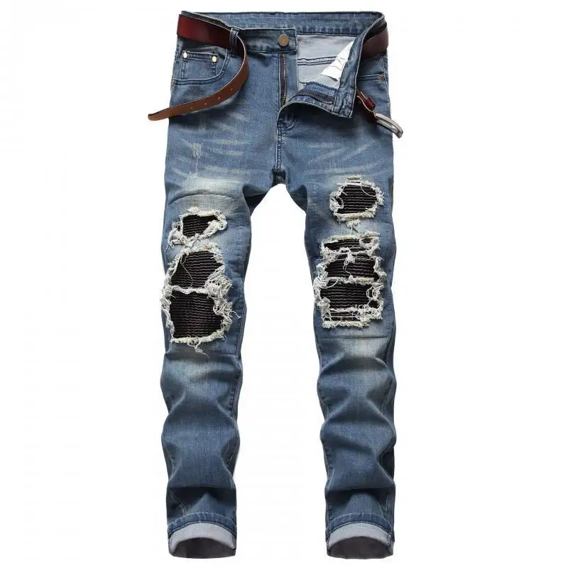 Men Jeans Men's Straight Casual Designer Fashion Long Pants Hole Elasticity Jean Homme Slim Denim Trousers Biker High Quality
