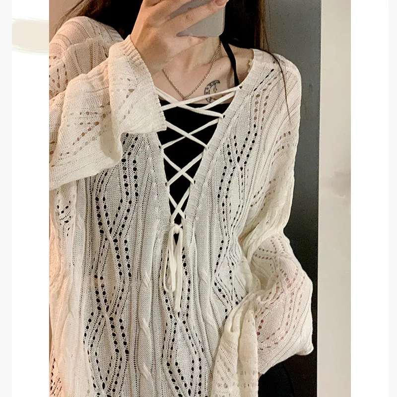 

Knit Tops Thin Cut-out Sunscreen Knit Blouse with Loose Sunscreen Cover Hollow-out Sunscreen Knit Top Shirts for Women
