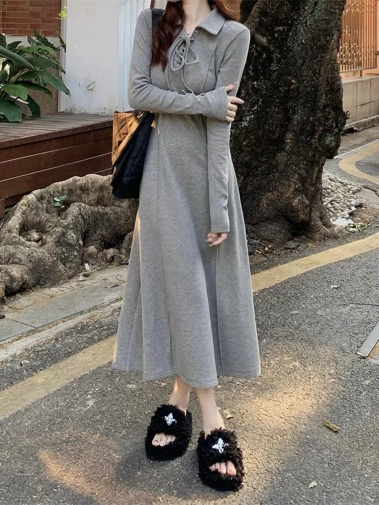 

QWEEK Korean Style Kpop Casua Bandage Long Dress Women Preppy School Student Harajuku Streetwear Dresses 2023 Autumn Winter
