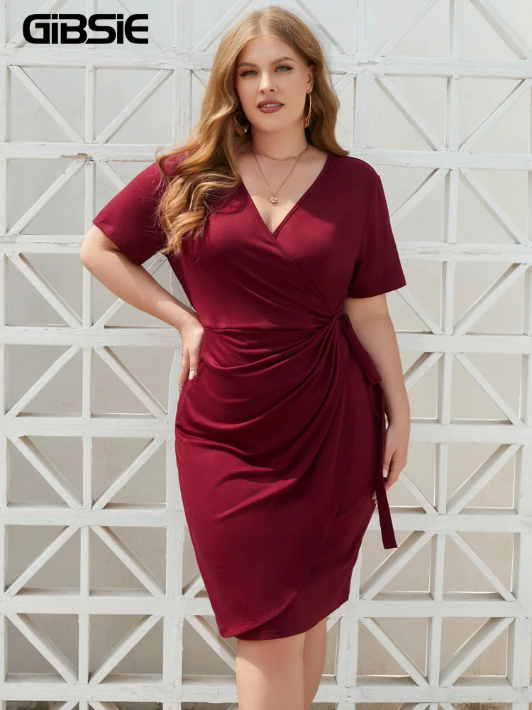 

GIBSIE Plus Size Elegant Deep V-Neck Tie Side Wrap Bodycon Dress For Women 2023 Casual Short Sleeve Office Summer Midi Dresses