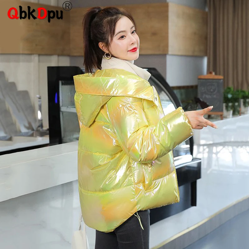 

Korean Snow Wear Windproof Warm Thicken Parkas Loose Hooded Cotton Padded Glossy Winter Coat Elegant Long Sleeve Bread Jacket