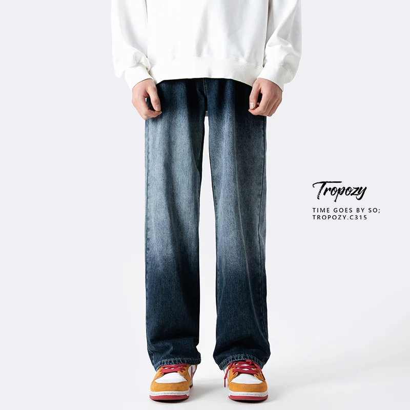 Blue Black Baggy Jeans Men Fashion Retro Gradient Straight Jeans Men Japanese Streetwear Hip-hop Loose Denim Pants Mens Trousers