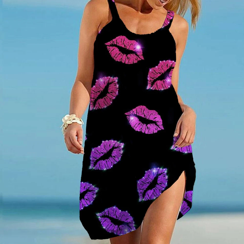 

2022 New Summer Dress Loose Sleeveless Vintage Sexy lip print Print Casual A-Line Women Dresses Thin Miniskirt sling Beach Dress