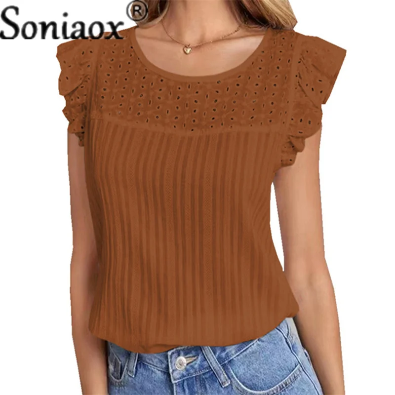 

2022 New Casual Solid Color Stitching Women T-Shirt Summer Hollow Out Ruffle Sleeve O-Neck Female Tops Leisure Basic T-Shirt