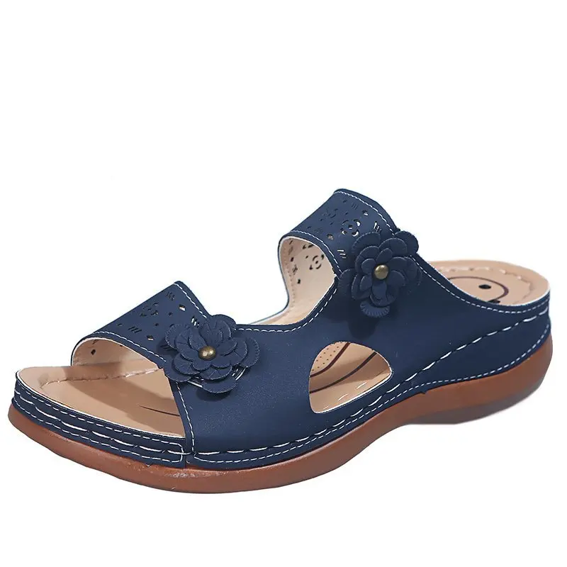 

Сандалии женские на танкетке ручной работы, кожаные босоножки с цветочным принтом, плоская подошва, Ретро стиль, лето 2022