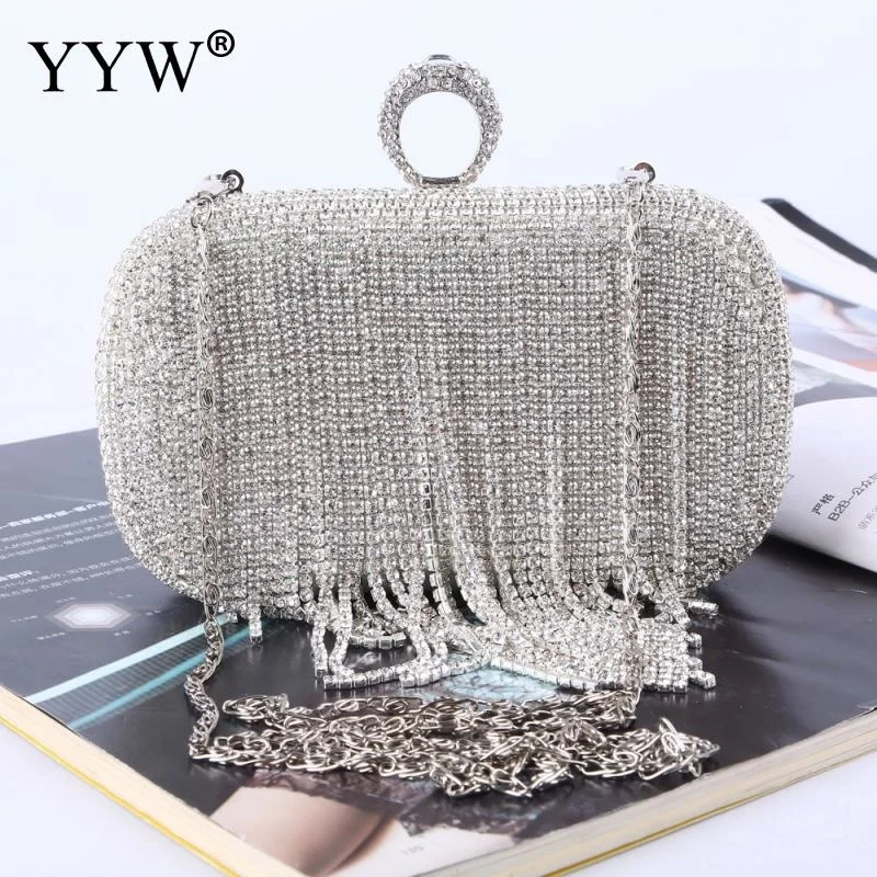 

Rhinestone Tassels Ring Clutch Bag Women Vintage Shoulder Clutches Purse Female Sliver Fashion Party Wedding Chain Evening Bags