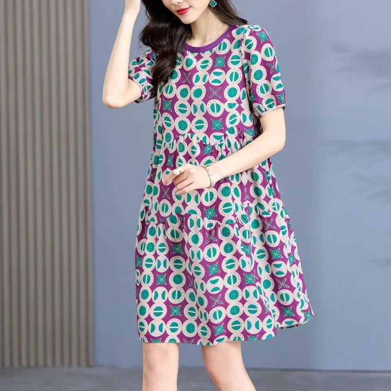 

Summer Fashion Versatile Silk Printed Dress for Women 2023 New Vintage Round Neck Short Sleeve Casual Holiday Dress Vestidos