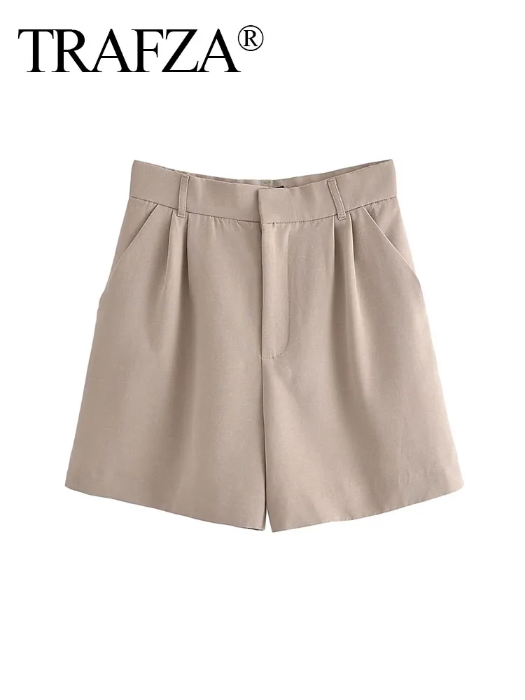 

TRAFZA Women Slim Summer Pants Khaki Color Side Pockets Front Pleated Vintage High Waist Zipper Female Casual Short Pants