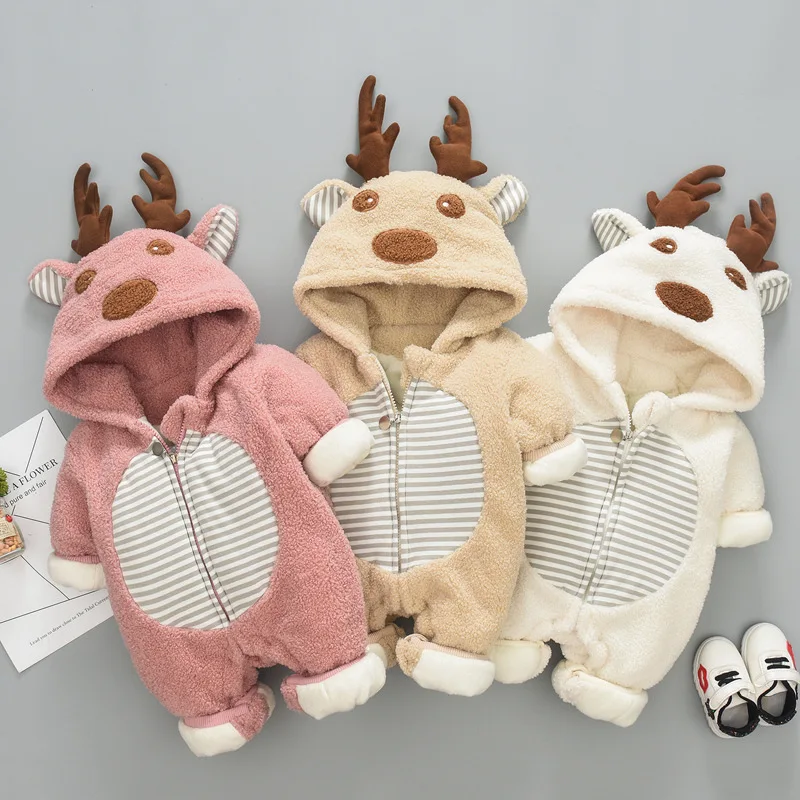

Baby Winter Rompers Baby Girls Boys Christmas Gift Deer Horn Hooded Jackets Thicken Cotton Warm Jumpsuits Infant Coat Outerwear