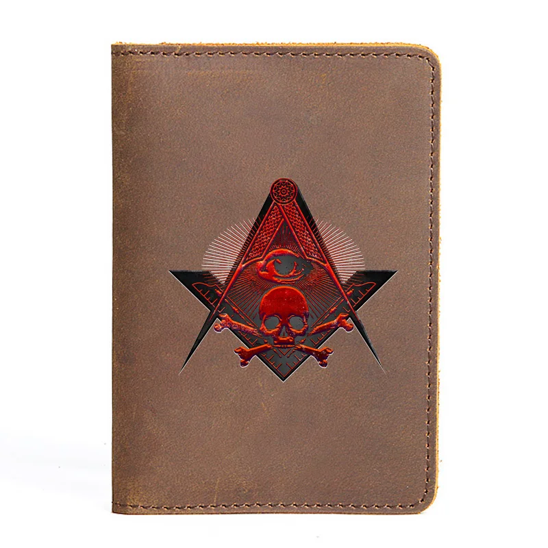 Genuine Leather Passport Cover All-seeing Eye Masonic Skull Vintage Slim ID Card Holder Pocket Case Travel Wallet BX480
