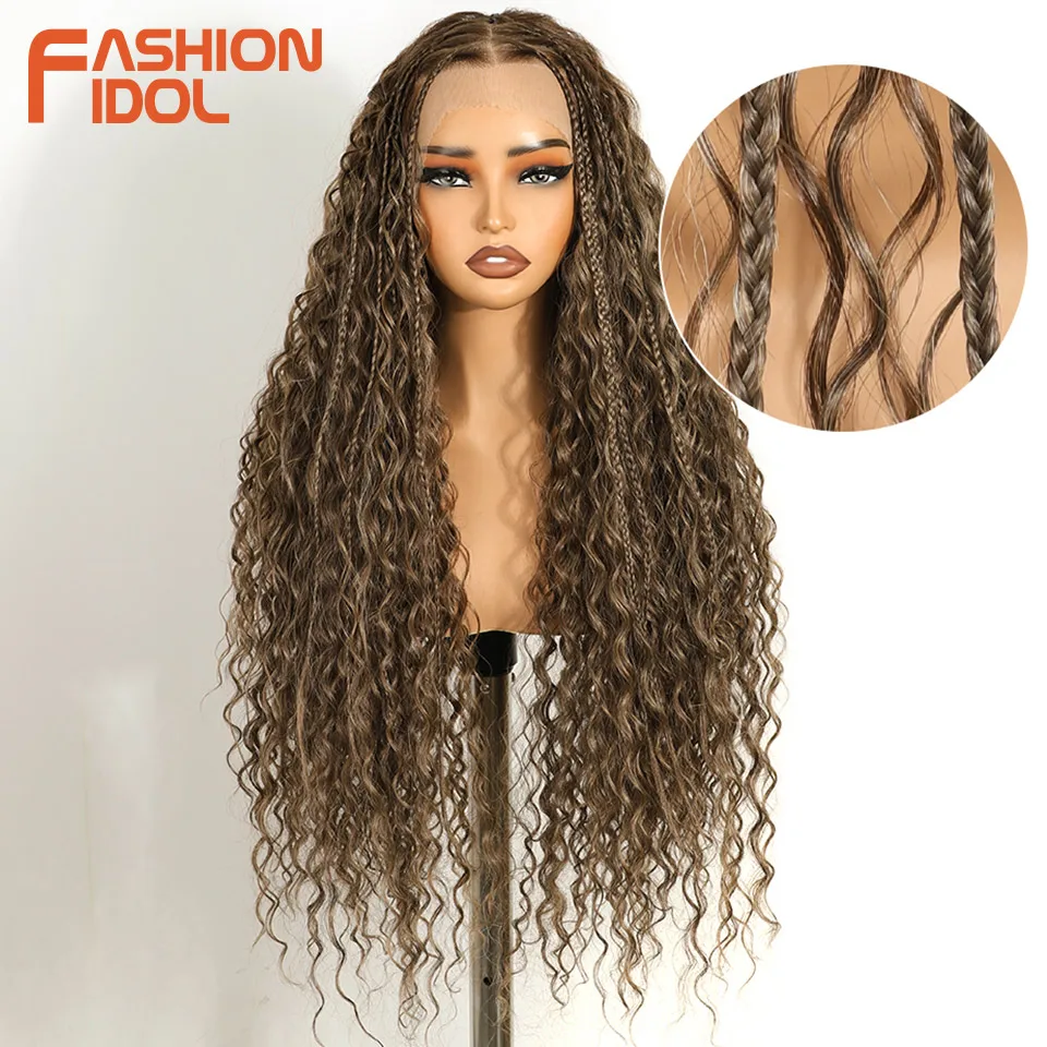 Фото Синтетические коричневые парики FASHION IDOL Twist Box Braided Lace с кружевной вставкой 13X4 для чернокожих женщин, парики Goddess Faux Locs Braids №3