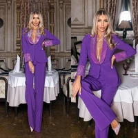 purple women suits 2 pieces party suit deep v neck work tailored sequins blazer pants fashion real image coatwide leg pants