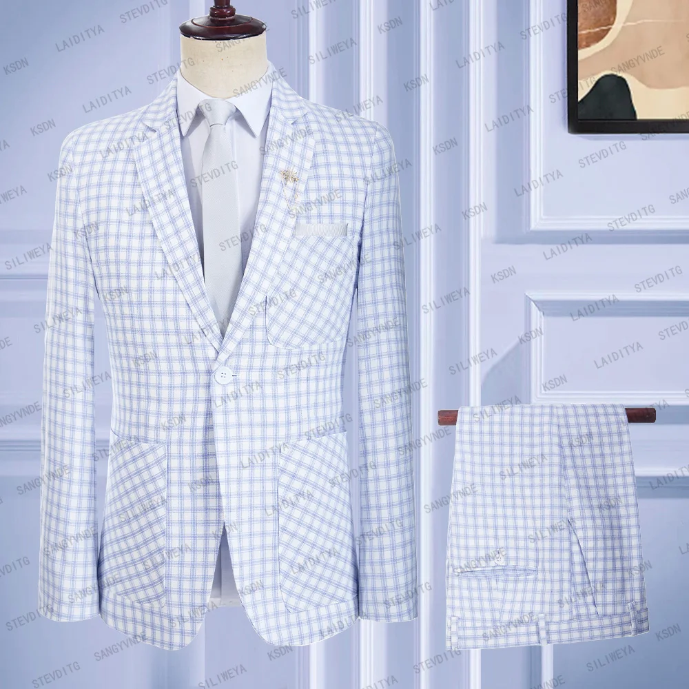 

Костюм мужской льняной в клетку, Классический Клетчатый смокинг для жениха, пиджак и брюки, костюм для свадьбы, цвет голубой/белый, лето 2023